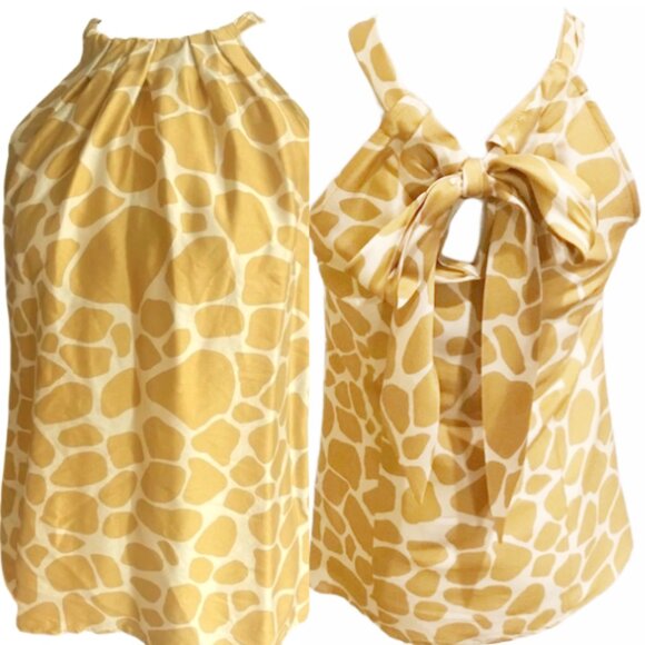 J.Crew Silk Halter Top 6 Yellow Giraffe Print Bow Back Sleeveless Blouse - Picture 1 of 12